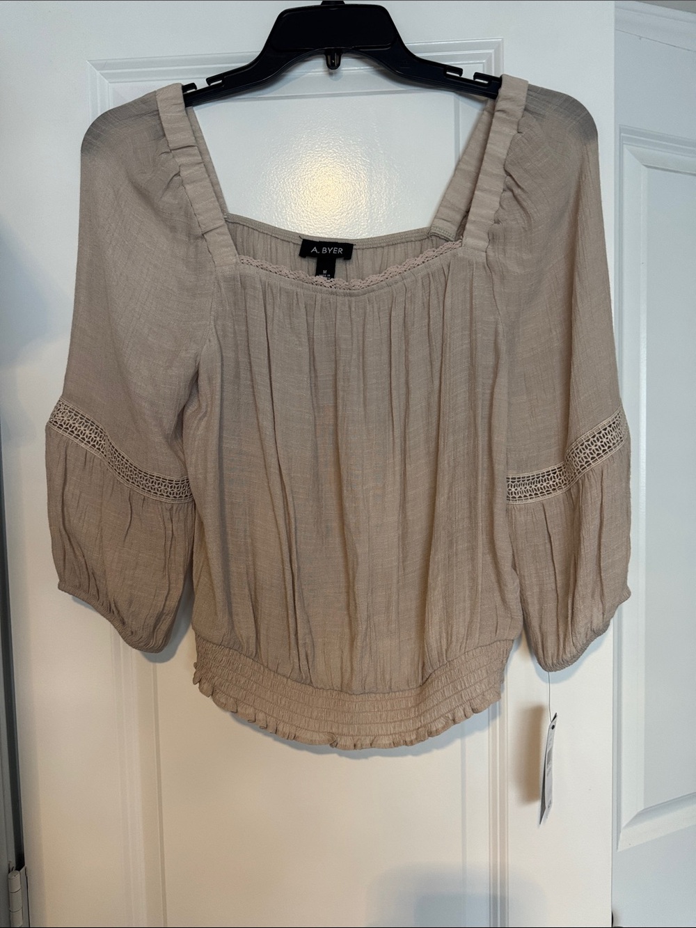 A. Byer Sand Peasant Blouse with Crochet Trim